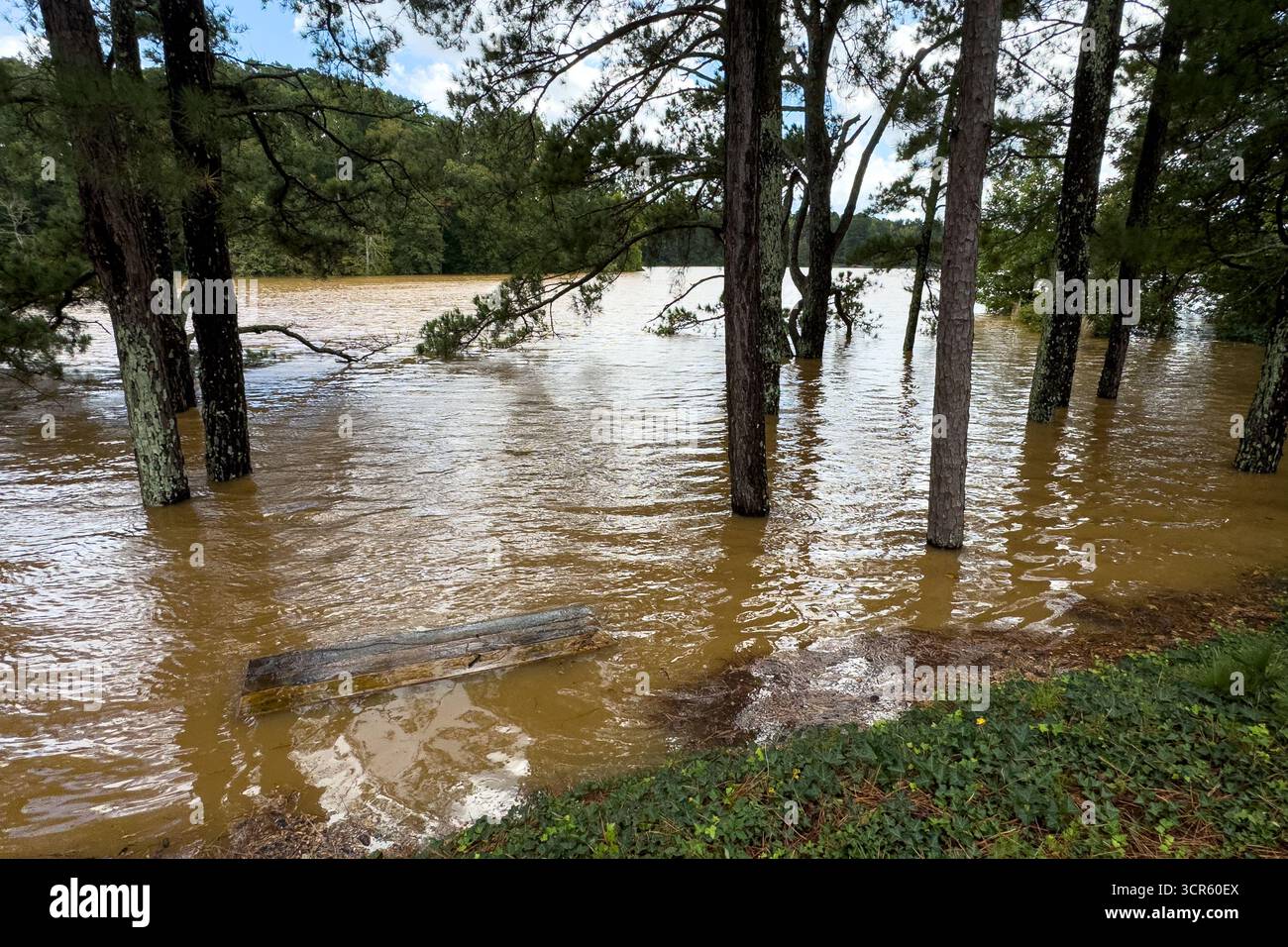 Un lago in una comunità residenziale della Georgia è inondato a causa delle forti piogge dell'uragano Helene. Foto Stock