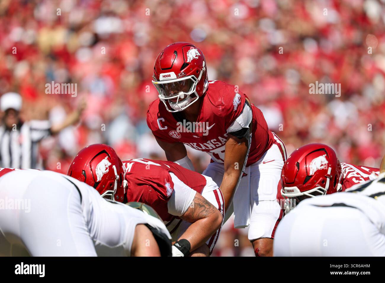 27 settembre 2025: Il quarterback degli Arkansas Razorbacks Taylen Green (10) sotto centro durante una partita tra i Notre Dame Fighting Irish e gli Arkansas Razorbacks al Donald W. Reynolds Razorback Stadium di Fayetteville, Arkansas. Freddie Beckwith per Texarkana Gameday/Cal Sport Media Foto Stock