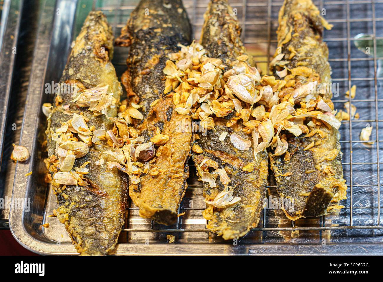 Tradizionale pesce di serpente fritto tailandese con aglio dorato croccante, pelle croccante e sapore aromatico, servito come cibo di strada nei mercati locali. Foto Stock
