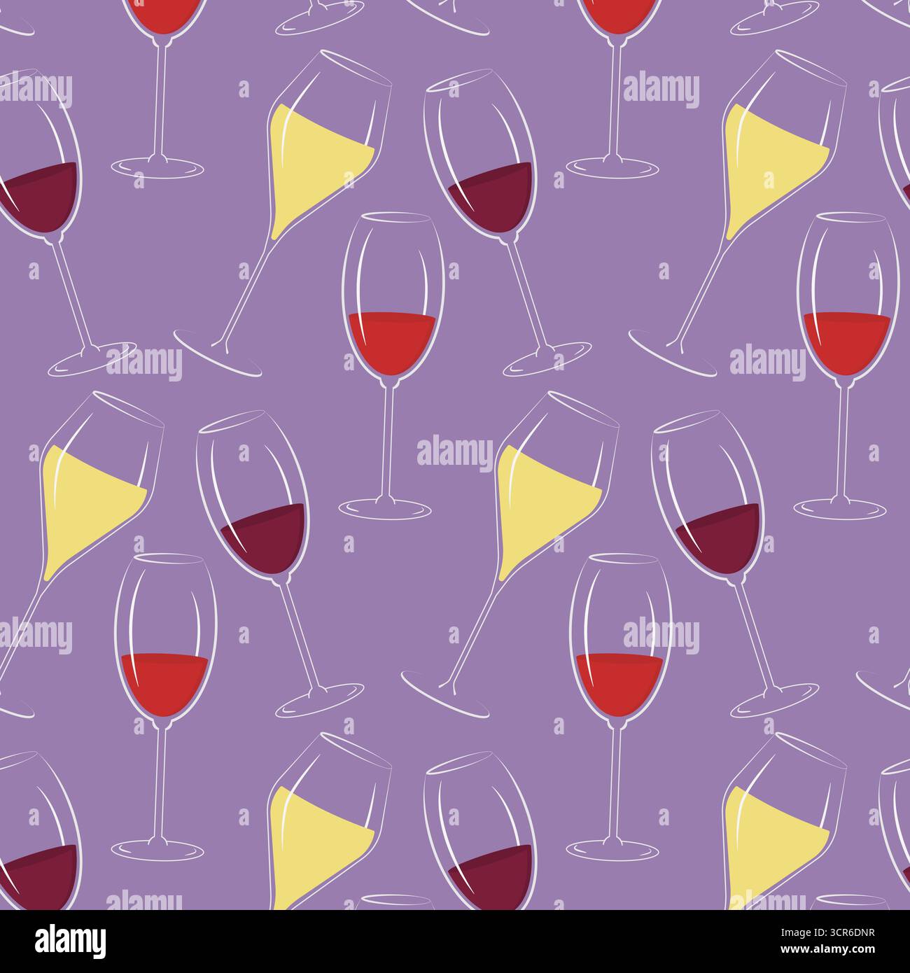 Calici con motivo bianco rosso e rosa senza cuciture sullo sfondo alla moda del lilla sullo sfondo del Wine Day. Illustrazione vettoriale isolata schede tematiche vino opuscoli di invito Banner poster etichetta prezzo Illustrazione Vettoriale