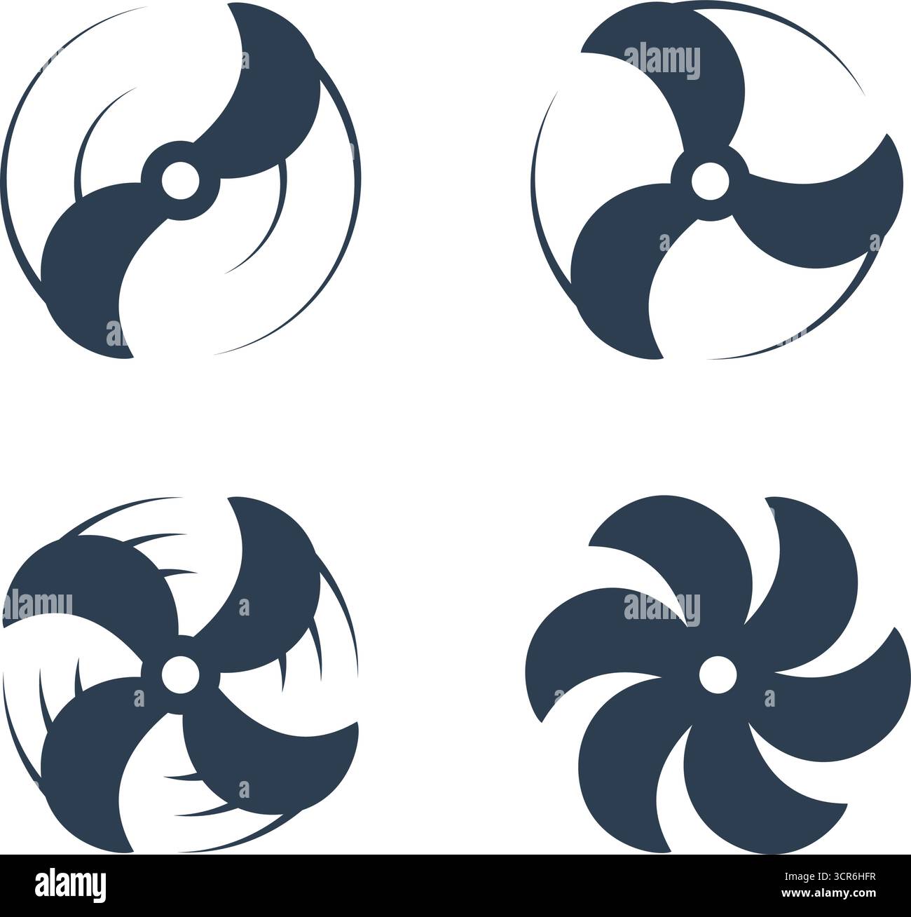 Icone dell'elica dell'aeroplano con linee dinamiche di movimento curve. Design minimalista del rotore per aviazione vettoriale per il trasporto e l'ingegneria dei droni Illustrazione Vettoriale