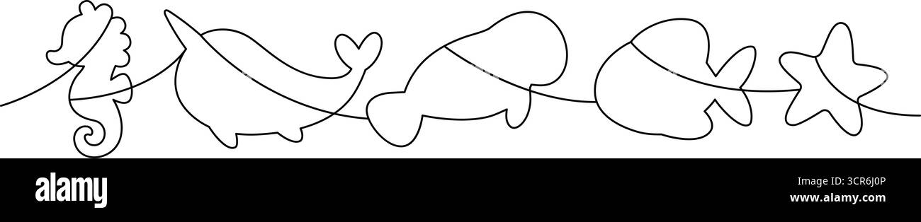 Silhouette a linea continua di cavallucci marini, narwhali, lamantini, pesci e stelle marine in stile minimalista Illustrazione Vettoriale