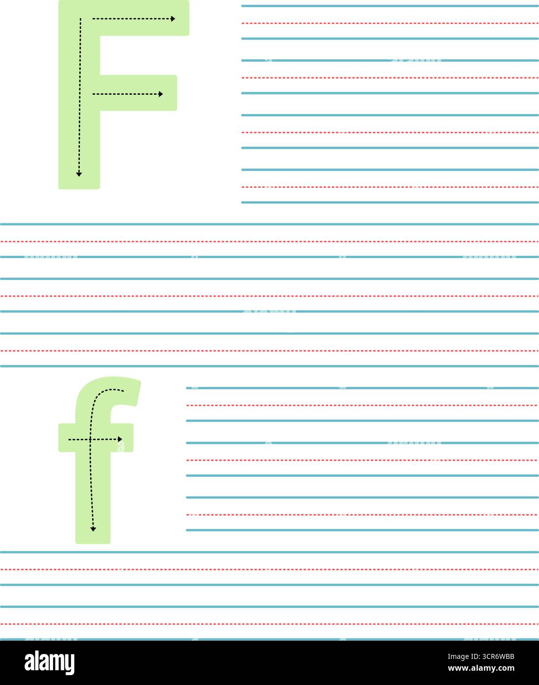 Foglio di lavoro colorato per imparare a scrivere la lettera maiuscola e minuscola F. attività didattica con linee guida per la pratica dell'alfabeto Illustrazione Vettoriale