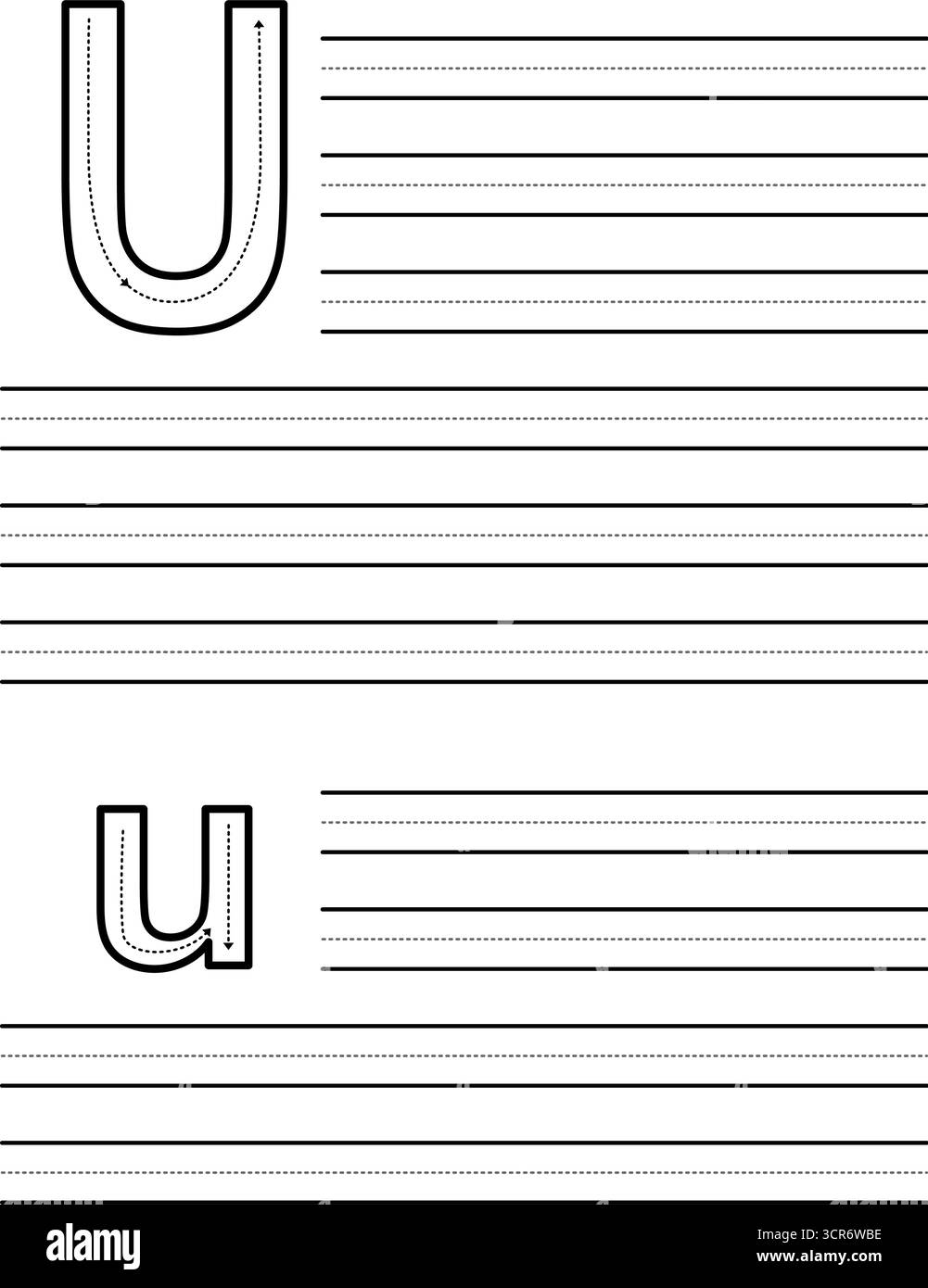 Foglio di ricalco per imparare a scrivere lettere maiuscole e minuscole U. Foglio di lavoro per gli studenti che praticano l'alfabeto. Tappetino per esercizi con file guida tratteggiate Illustrazione Vettoriale