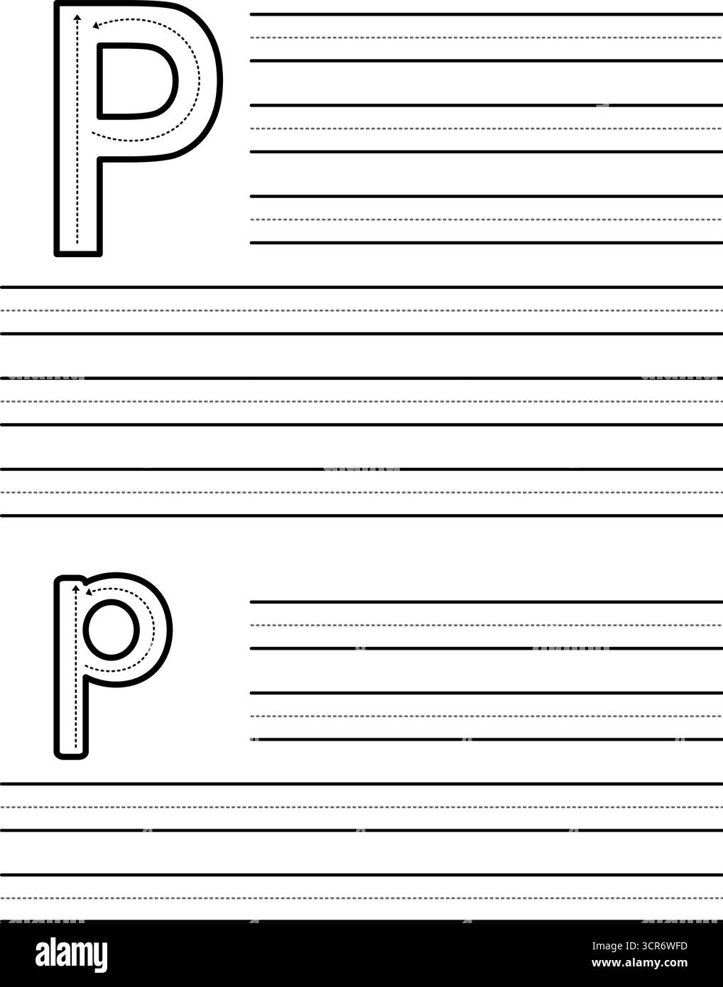 Foglio di ricalco per imparare a scrivere lettere maiuscole e minuscole P. Foglio di lavoro per gli studenti che praticano l'alfabeto. Tappetino per esercizi con file guida tratteggiate Illustrazione Vettoriale