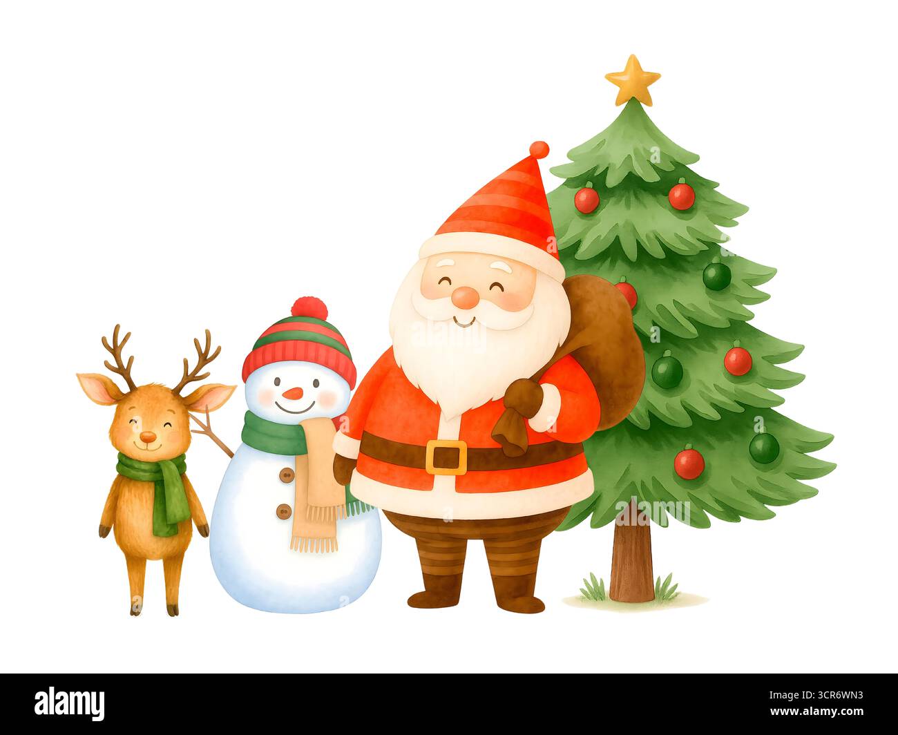 Set Clipart per la scena di Natale degli acquerelli: Babbo Natale, renne, albero di Natale e illustrazioni natalizie Foto Stock