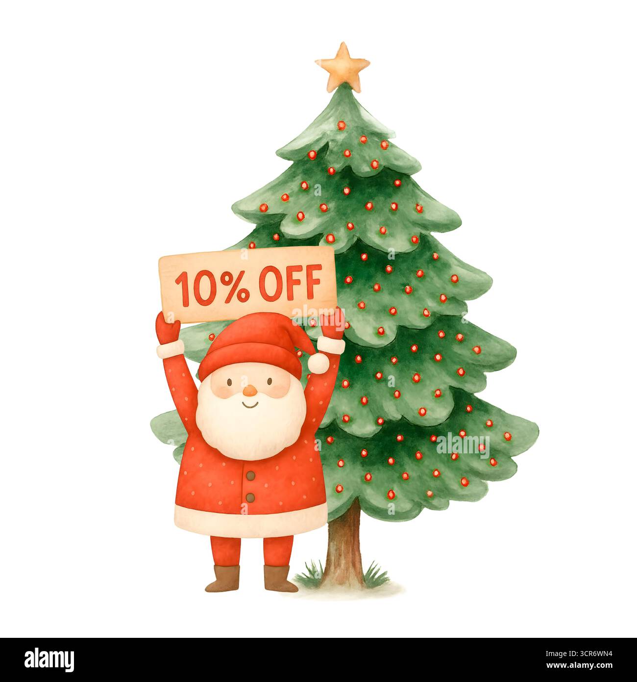 Set Clipart per la scena di Natale degli acquerelli: Babbo Natale, renne, albero di Natale e illustrazioni natalizie Foto Stock