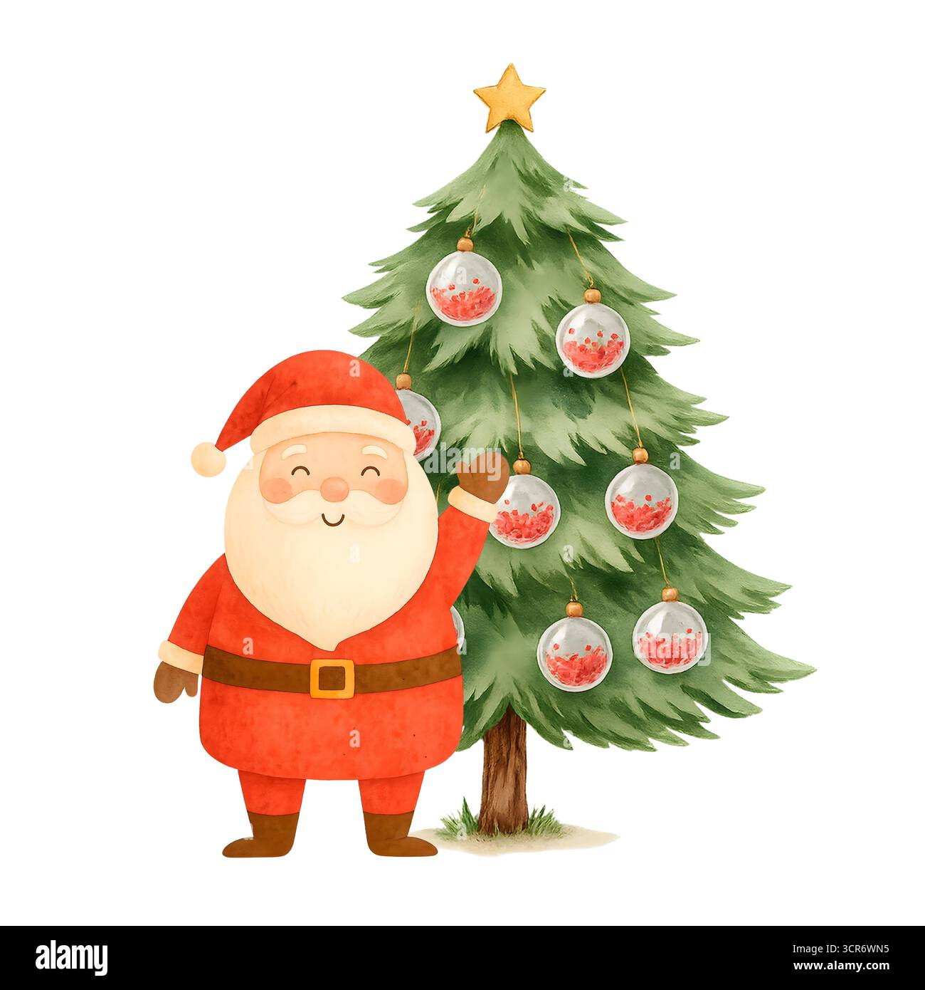 Set Clipart per la scena di Natale degli acquerelli: Babbo Natale, renne, albero di Natale e illustrazioni natalizie Foto Stock