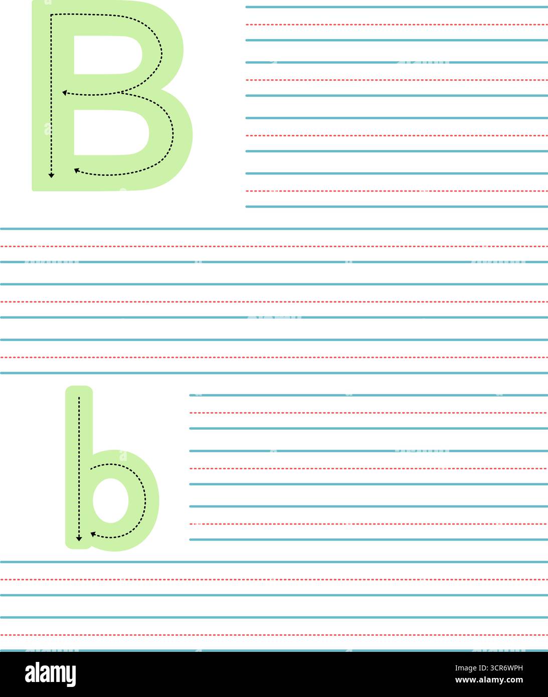 Foglio di lavoro colorato per imparare a scrivere la lettera maiuscola e minuscola B. attività didattica con linee guida per la pratica dell'alfabeto Illustrazione Vettoriale