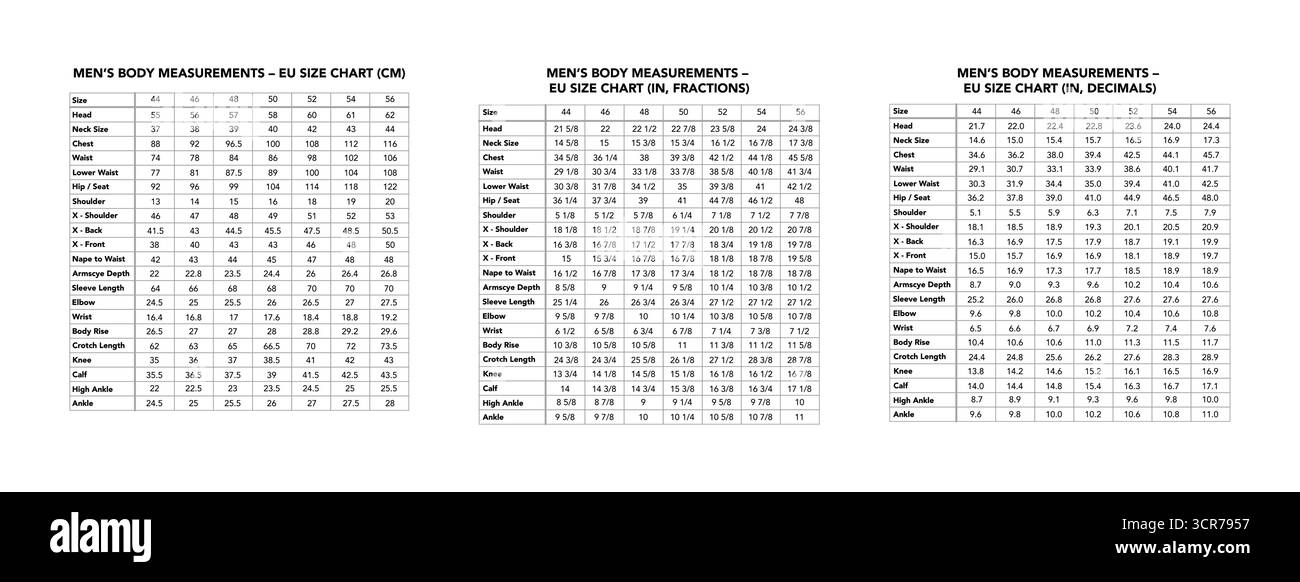 Set di uomo tabella delle taglie UE centimetri pollici frazioni decimali busto vita fianchi manica altezza spalla misura S M L XL vestibilità sartoriale sistema europeo Illustrazione Vettoriale
