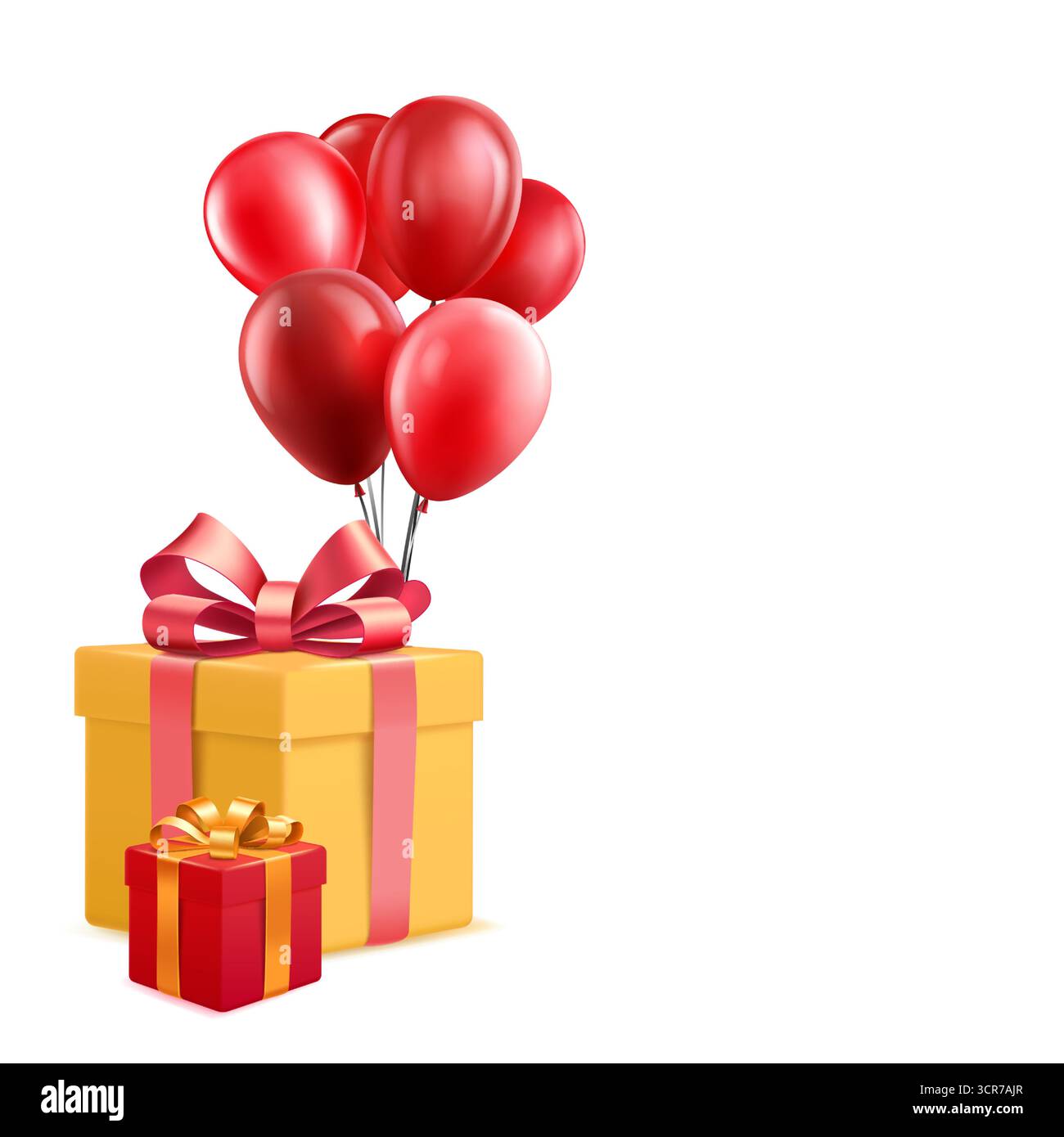 Illustrazione realistica di una confezione regalo gialla con nastro rosso e sette palloncini rossi, accompagnata da una scatola regalo rossa più piccola con nastro oro, su una b bianca Illustrazione Vettoriale