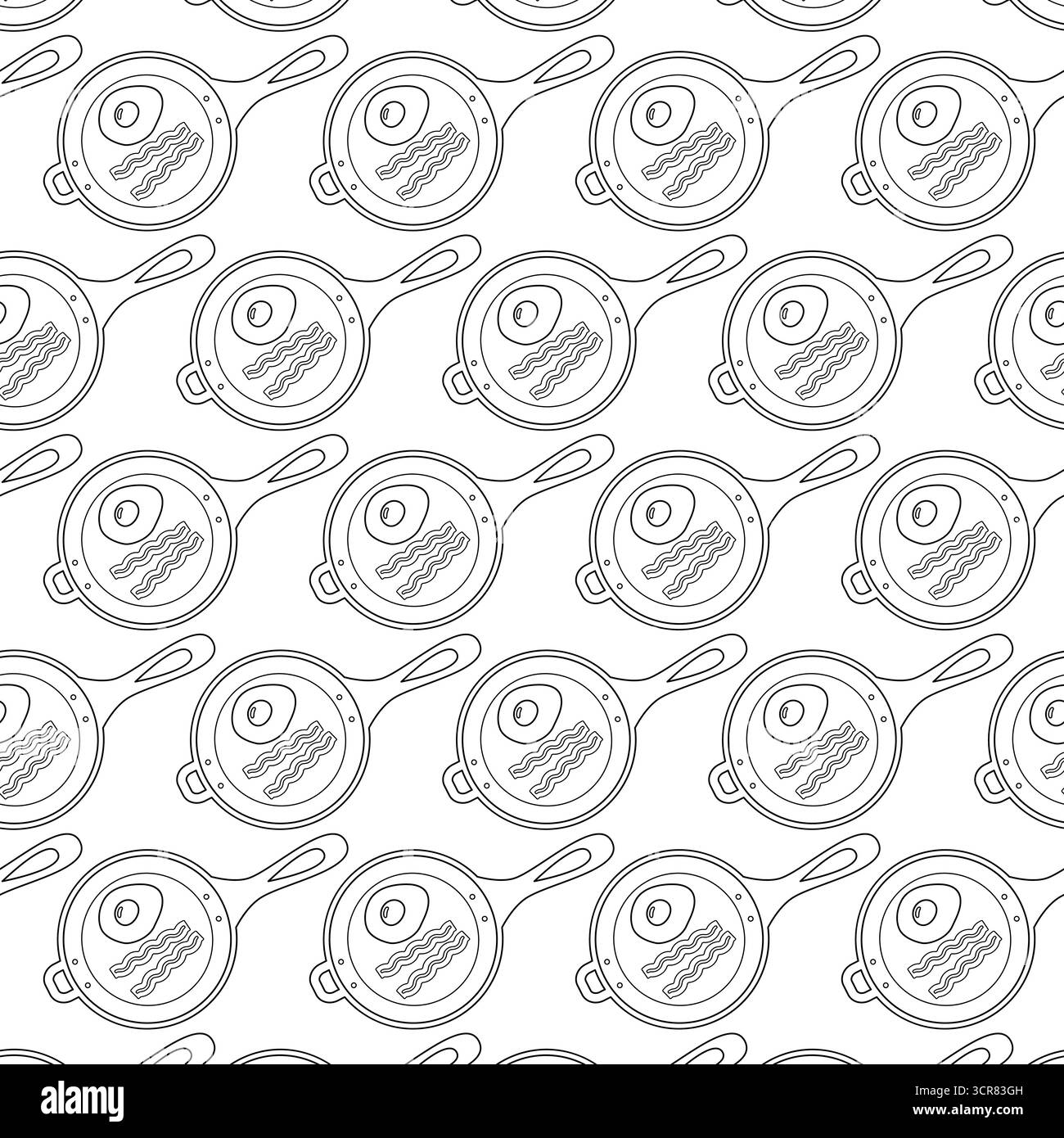 Strisce di uova fritte e pancetta su una padella fritta con contorno Handel, contorno senza cuciture, stagno per colazione all'inglese. Illustrazione vettore isolato poster del cibo Menu colazione Banner, opuscoli, etichette, prezzo Illustrazione Vettoriale