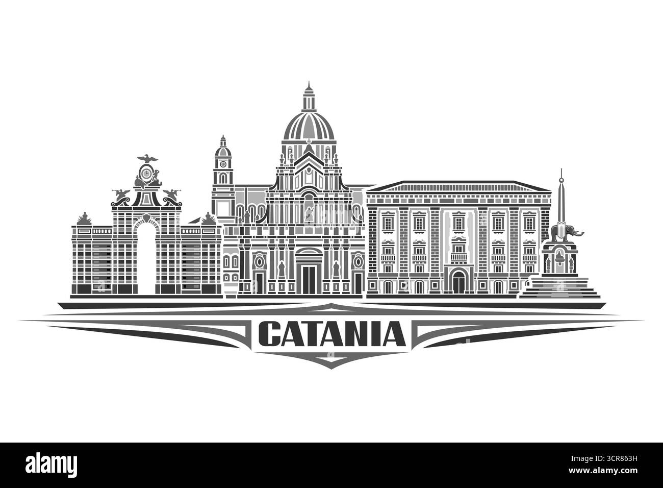 Illustrazione vettoriale di Catania, scheda orizzontale monocromatica con design lineare paesaggio urbano di catania dettagliato, concetto di arte in linea urbana con lett. Decorativa Illustrazione Vettoriale