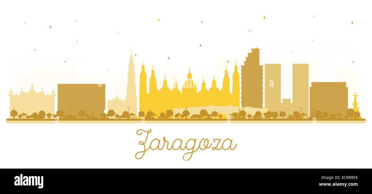 Profilo della città di Saragozza Spagna con edifici dorati isolati sul bianco. Illustrazione vettoriale. Paesaggio urbano di Saragozza con monumenti storici. Illustrazione Vettoriale