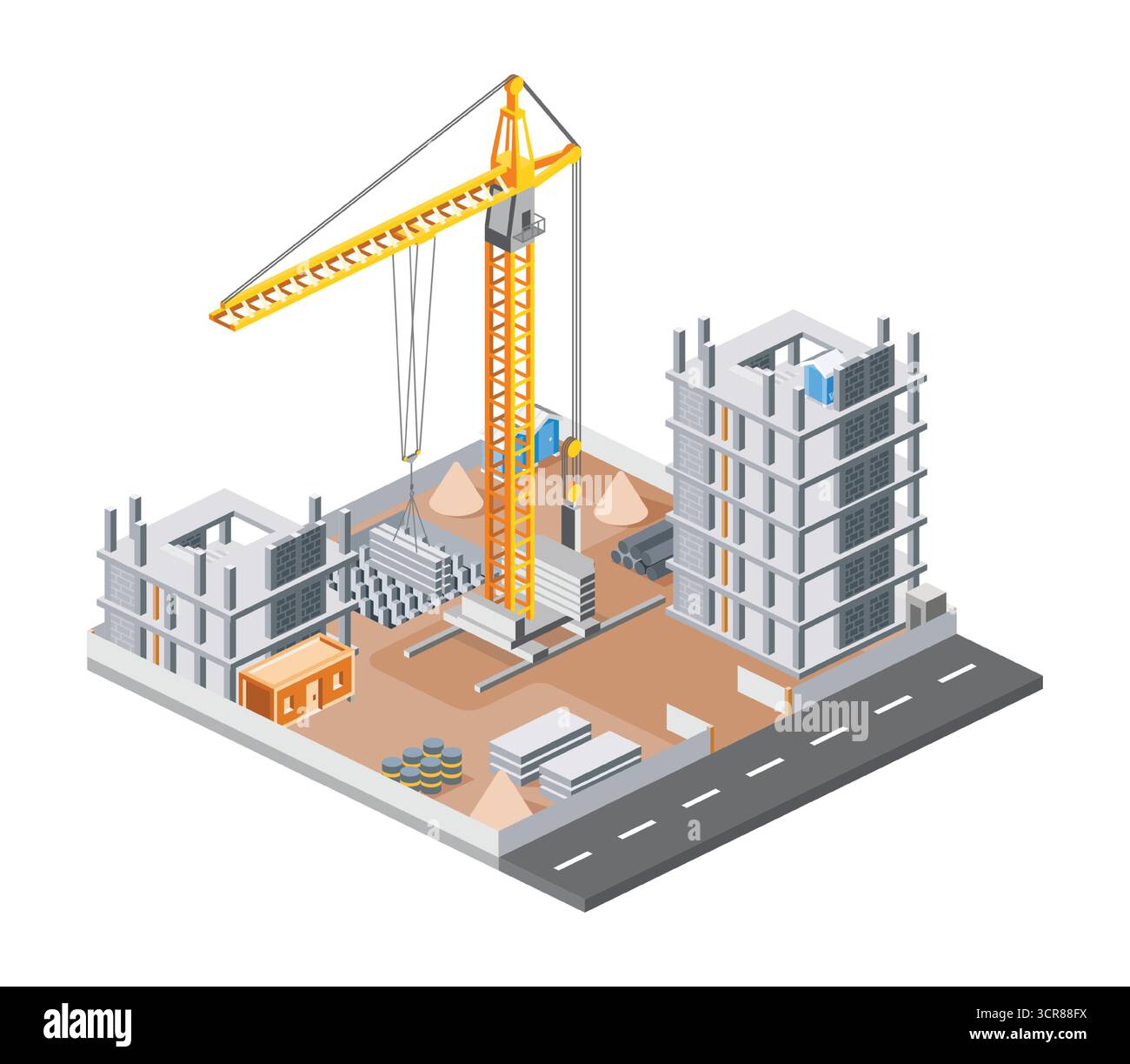 Illustrazione isometrica di un cantiere di grattacieli con gru a torre, strutture di costruzione, blocchi di cemento e strade. Architettura moderna. Illustrazione Vettoriale
