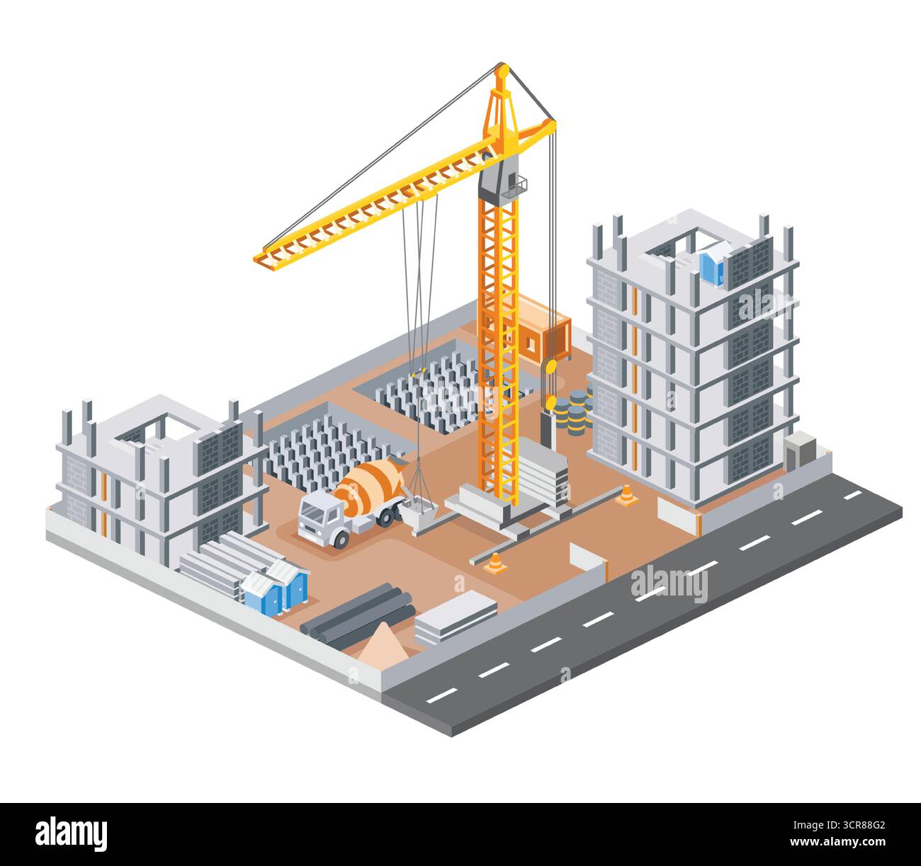 Grattacielo isometrico con gru a torre, autocarro betoniera, telai, materiali e strade. Moderno processo di sviluppo urbano Illustrazione Vettoriale
