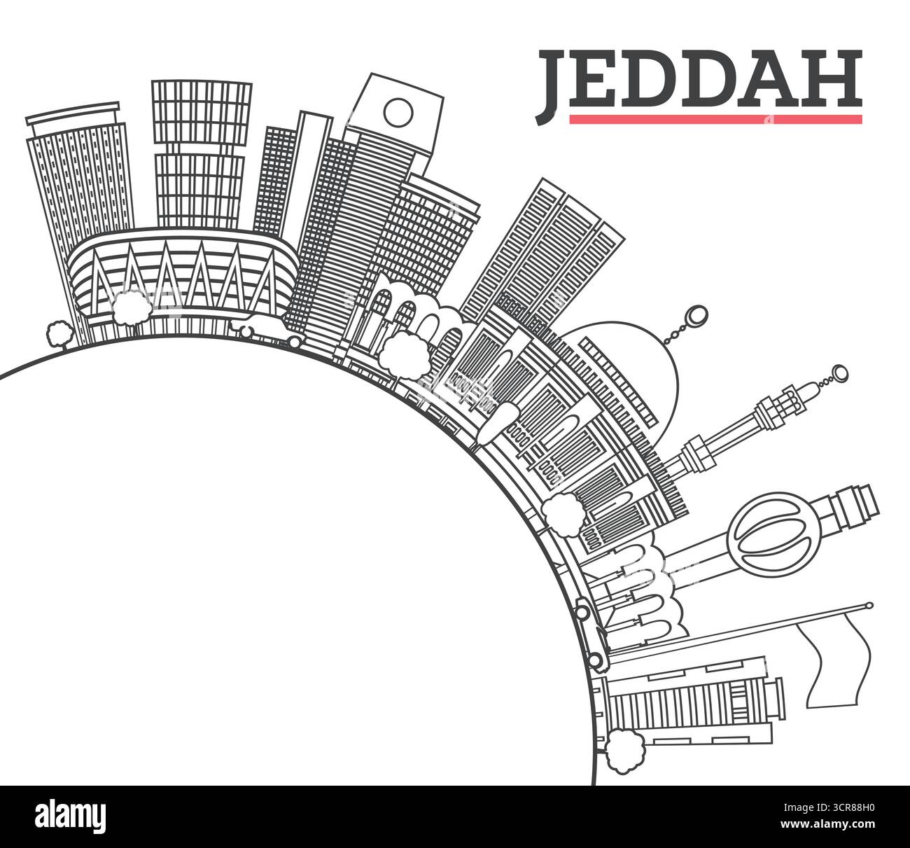 Delinea lo skyline della città di Jeddah in Arabia Saudita con edifici moderni e storici isolati su White. Illustrazione vettoriale. Paesaggio urbano di Jeddah. Illustrazione Vettoriale