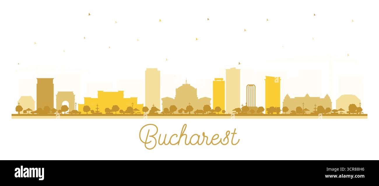 Profilo della città rumena di Bucarest con edifici dorati isolati sul bianco. Illustrazione vettoriale. Paesaggio urbano di Bucarest con monumenti storici. Illustrazione Vettoriale