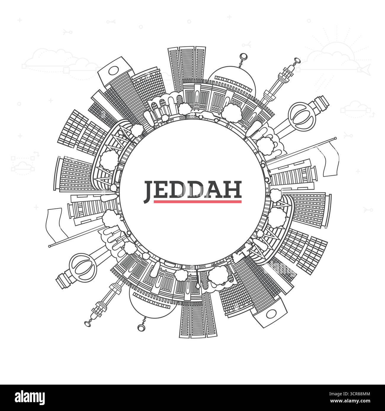 Profilo Jeddah Saudi Arabia City Skyline con edifici moderni e storici isolati su White. Illustrazione vettoriale. Paesaggio urbano di Jeddah con punti di riferimento. Illustrazione Vettoriale