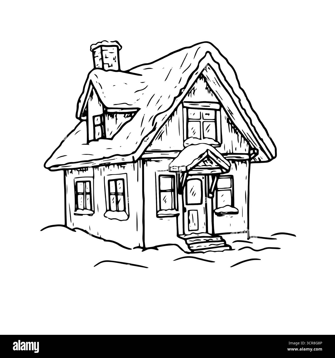 Una casa innevata con un attico sul tetto. Illustrazione vettoriale. Il tradizionale giocattolo natalizio, una capanna in un drift di neve, è isolato su sfondo bianco. La conc Illustrazione Vettoriale
