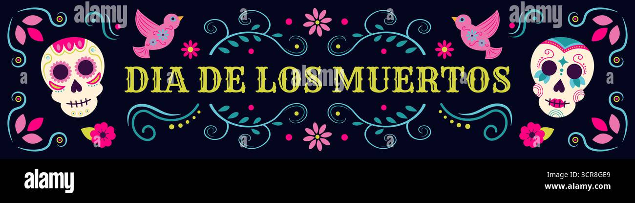 Tradizionale bandiera vettoriale orizzontale del giorno dei morti con teschi decorativi. Adatto per le intestazioni dei siti Web. Illustrazione Vettoriale
