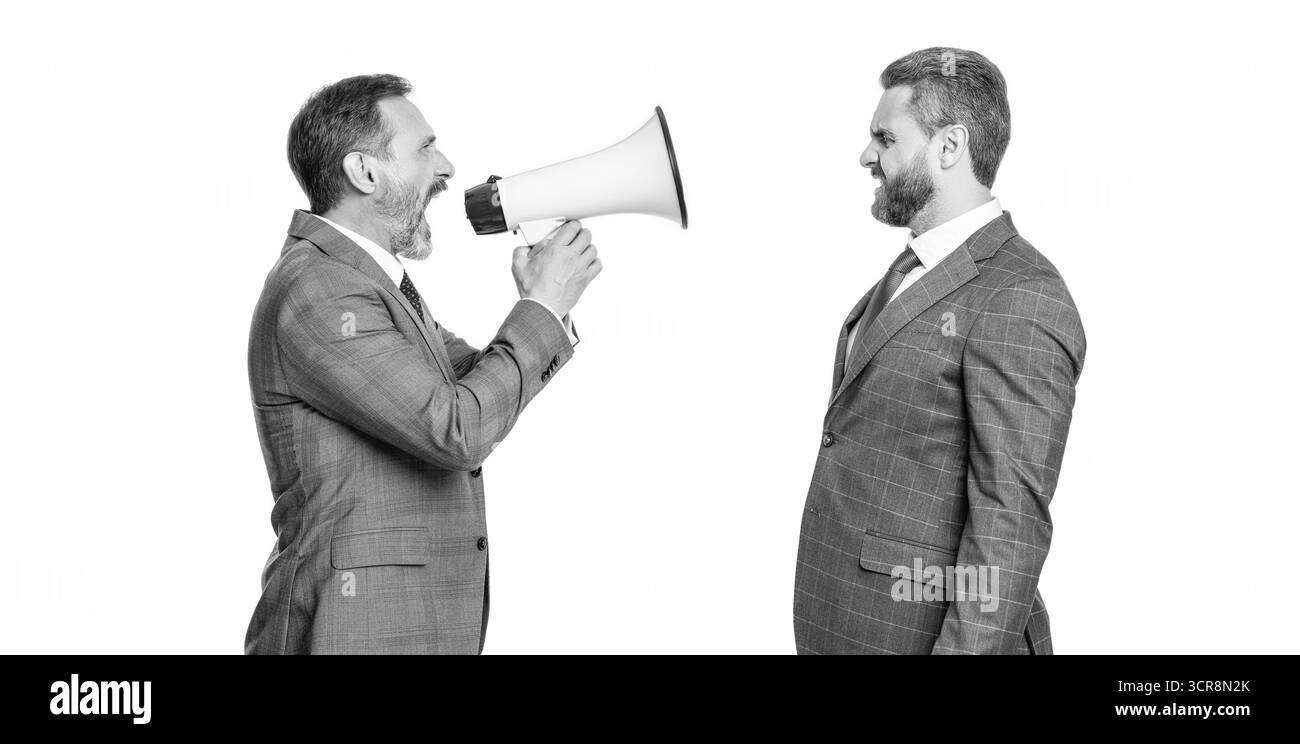 promotore uomo d'affari che risolve un conflitto promozionale. uomo d'affari che promuove l'idea per gli affari. concetto di promozione. promozione di idee di business. insoddisfatto Foto Stock