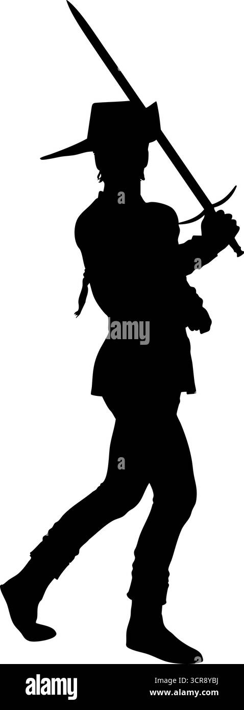 Illustrazione della silhouette di uno spadaccino in posa dinamica, con una spada e un abbigliamento tradizionale. Perfetto per medievali, scherma, guerrieri o Illustrazione Vettoriale