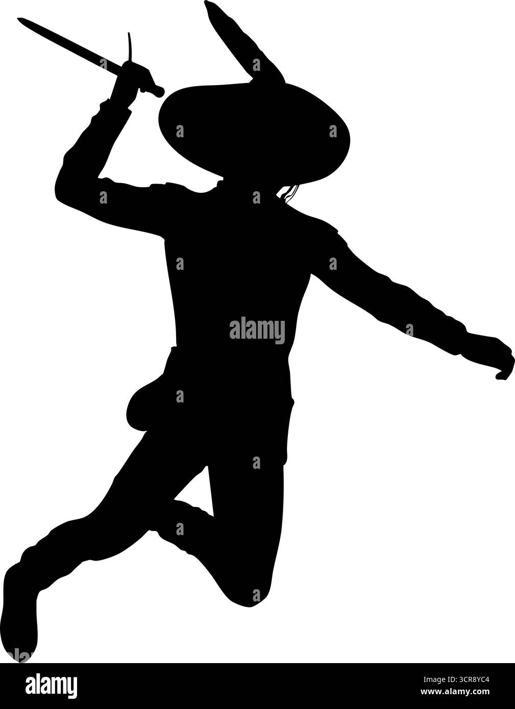 Illustrazione della silhouette di uno spadaccino in posa dinamica, con una spada e un abbigliamento tradizionale. Perfetto per medievali, scherma, guerrieri o Illustrazione Vettoriale