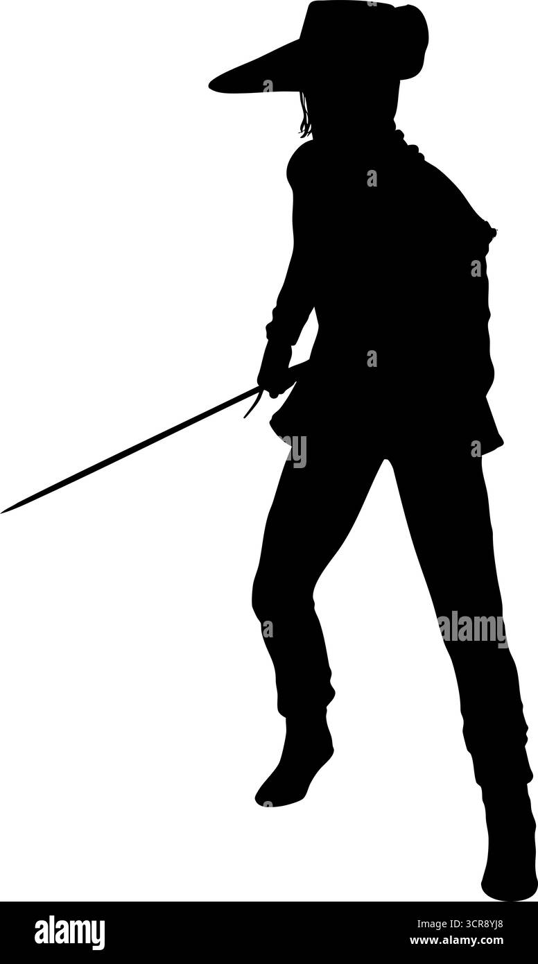 Illustrazione della silhouette di uno spadaccino in posa dinamica, con una spada e un abbigliamento tradizionale. Perfetto per medievali, scherma, guerrieri o Illustrazione Vettoriale