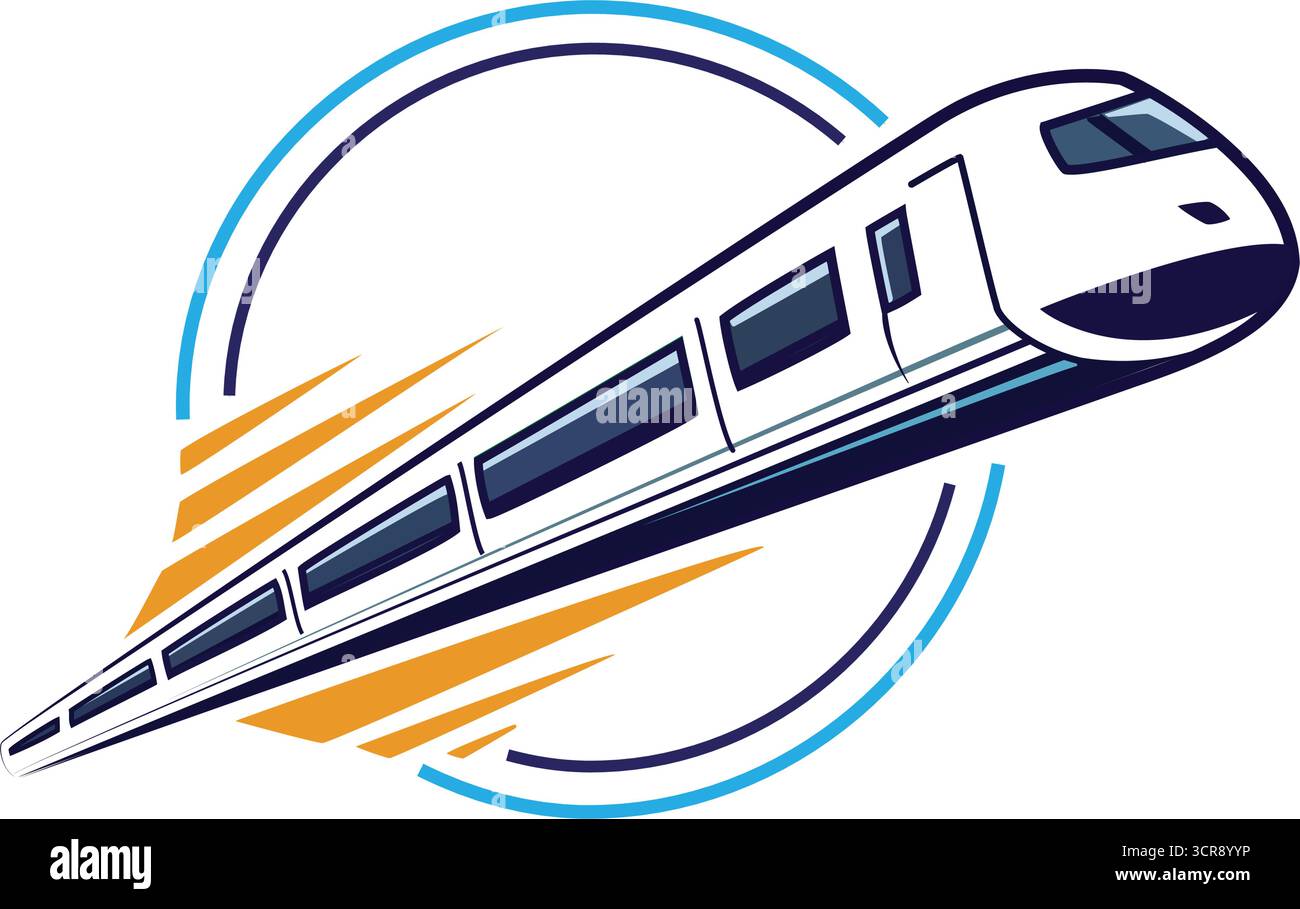 Un'illustrazione di un treno proiettile ad alta velocità con linee di movimento e una cornice circolare che simboleggia i viaggi veloci e moderni. Illustrazione Vettoriale
