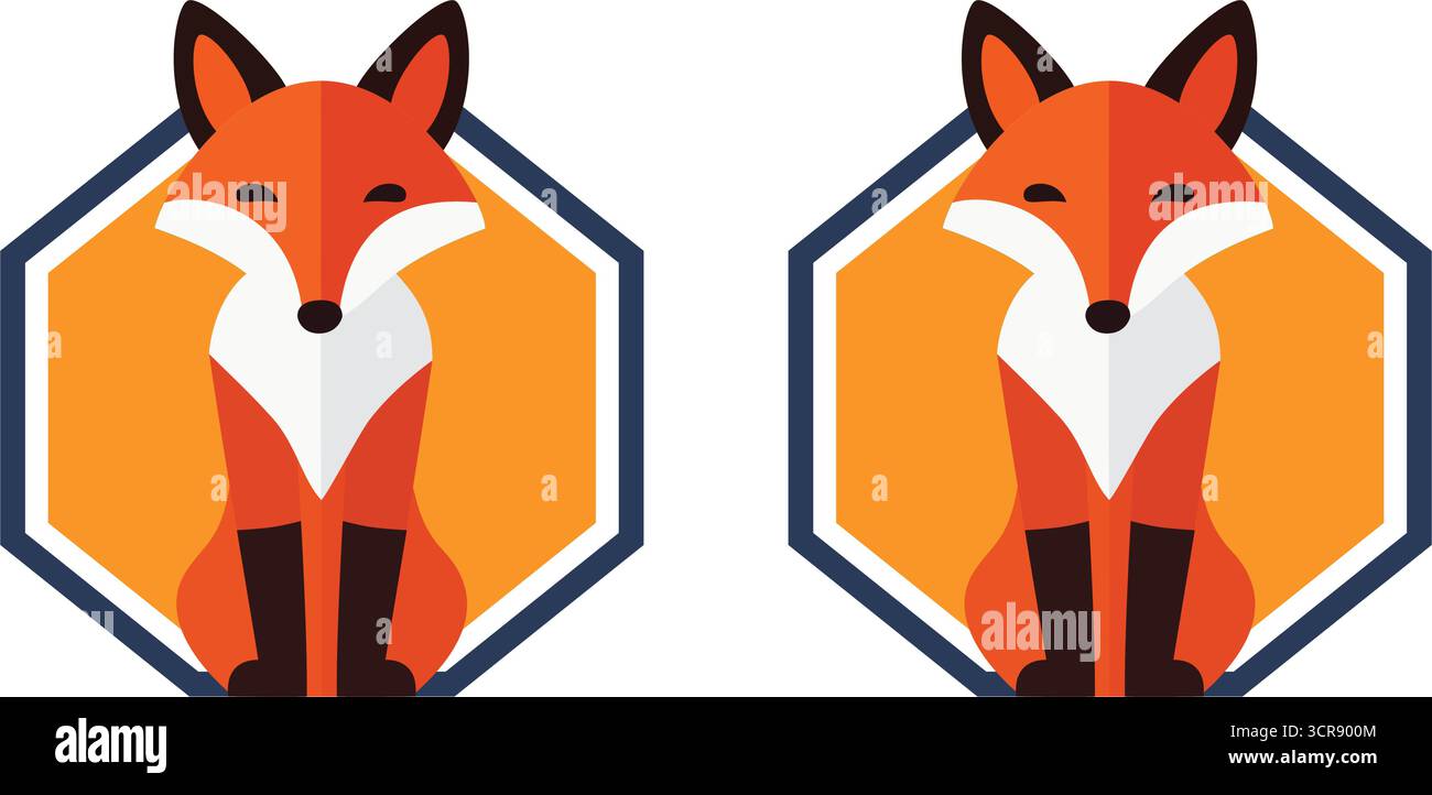 Due icone volpe dal design piatto all'interno di cornici ottagonali, perfette per logo o branding a tema animalier Illustrazione Vettoriale