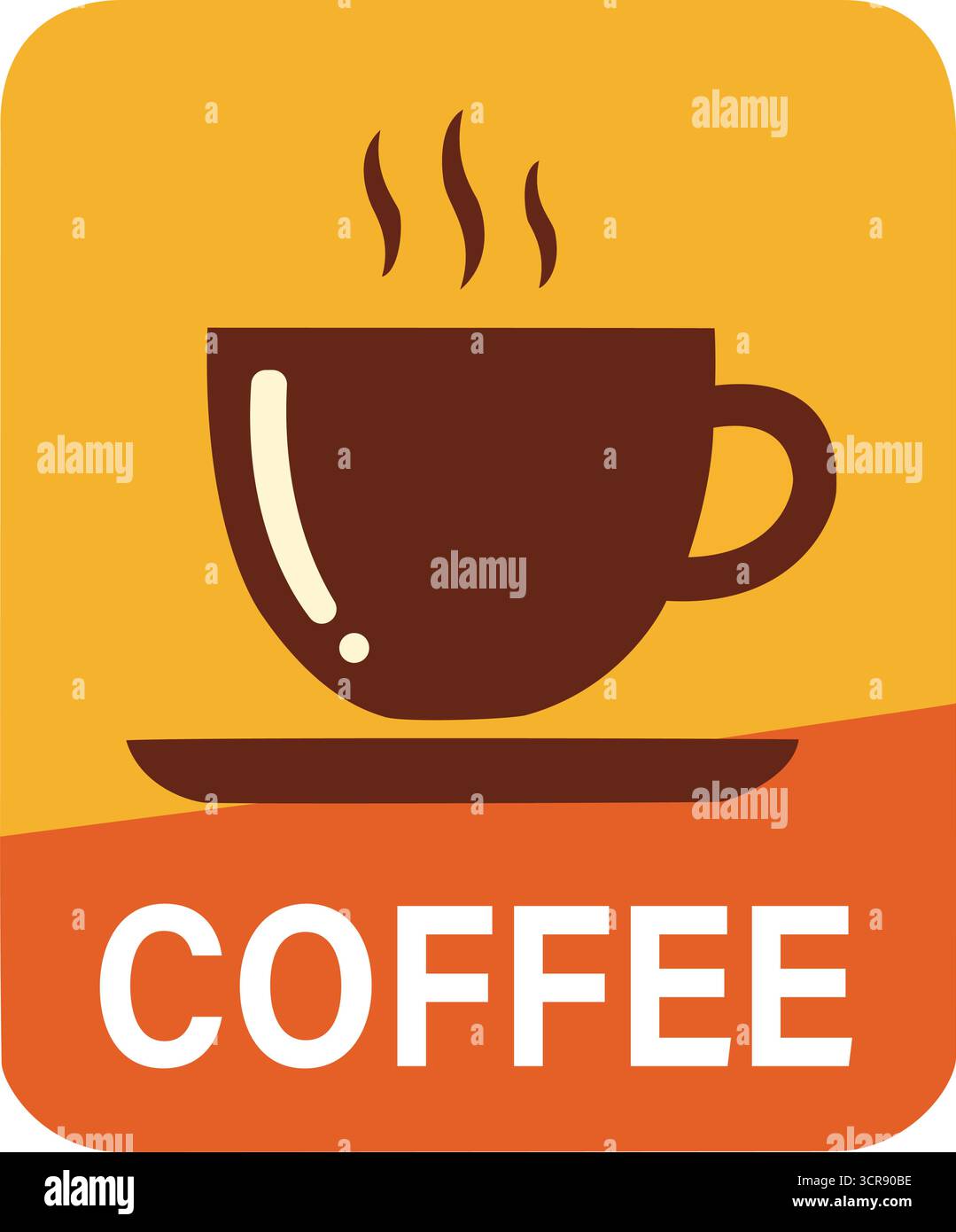 Logo della tazza di caffè fumante su uno sfondo giallo e arancione, un'illustrazione per un bar, un caffè, una mattina o una bevanda calda Illustrazione Vettoriale