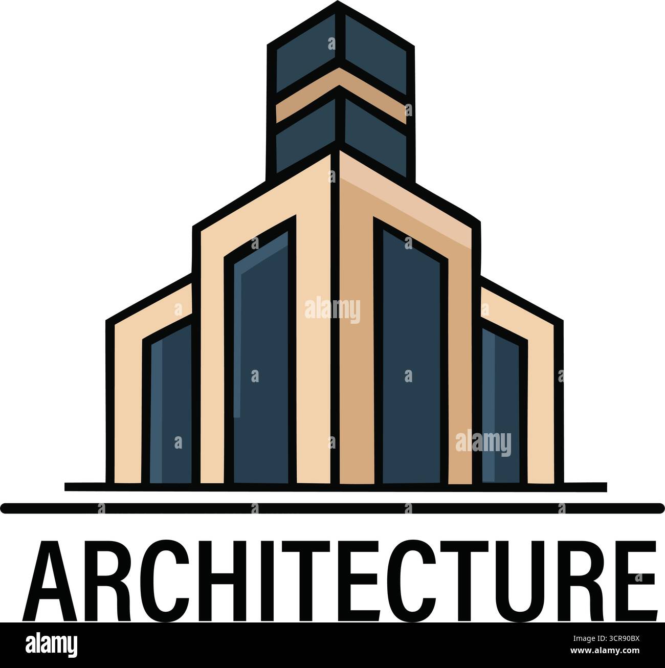 Il logo di un'azienda di architettura e immobiliare con un edificio moderno per la costruzione, la proprietà e l'arredo urbano Illustrazione Vettoriale