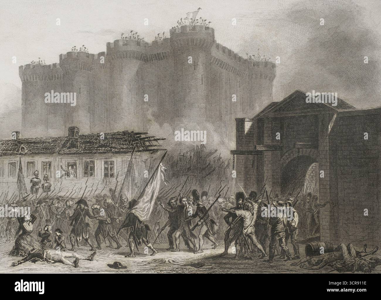 Rivoluzione francese. Parigi. Presa d'assalto della Bastiglia, 14 luglio 1789. Disegno di Raffet. Incisione di Burdet. Histoire de la Révolution francese (storia della Rivoluzione francese), di M.A. Thiers. Volume I. Parigi, Furne et Cie, 1845. Foto Stock