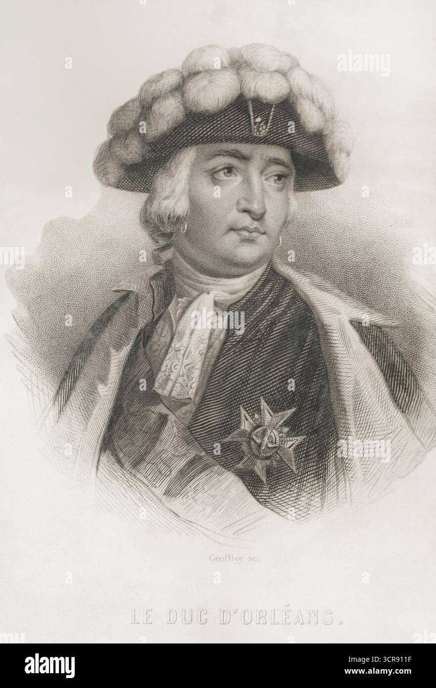 Luigi Filippo II (1747-1793). Duca d'Orléans (1785-1793). Sostenitore della Rivoluzione francese. Accusato di tradimento, fu condannato a morte e ghigliottinato il 6 novembre 1793. Verticale. Incisione di Geoffroy. Histoire de la Révolution francese (storia della Rivoluzione francese), di M.A. Thiers. Volume I. Parigi, Furne et Cie, 1845. Foto Stock