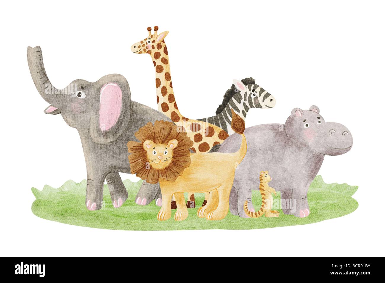 Graziosa illustrazione di animali da safari ad acquerello isolata sul bianco. Giraffa, leone, zebra, ippopotamo ed elefante in stile semplice. Bambini che disegnano savana africana Foto Stock
