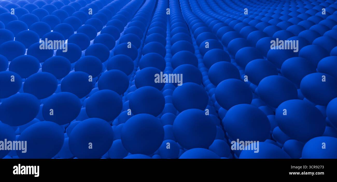 le sfere blu coprono un paesaggio vivace con un accattivante display visivo Foto Stock
