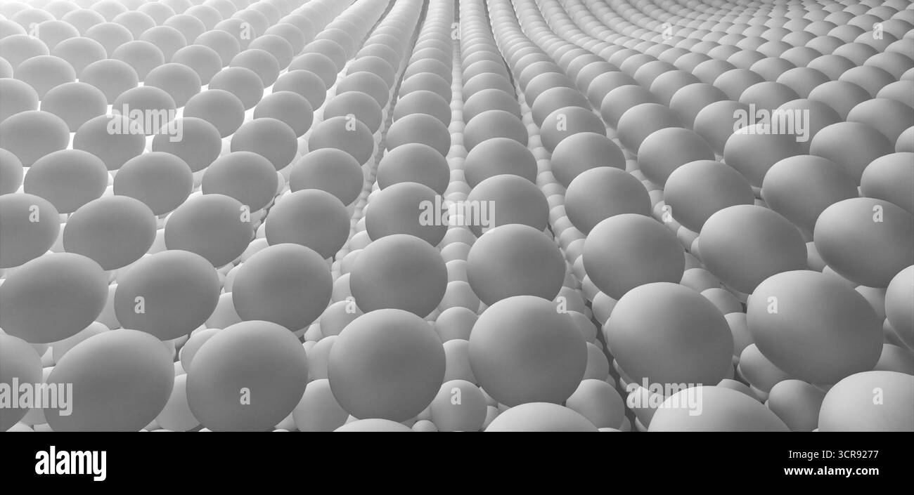 Le sfere grigie coprono un paesaggio vivace con un accattivante display visivo Foto Stock