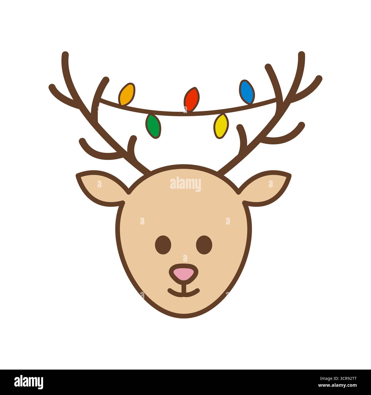 Carino testa di renne cartoni animati con colorate luci natalizie sulle corna, isolata su sfondo bianco. Illustrazione Vettoriale