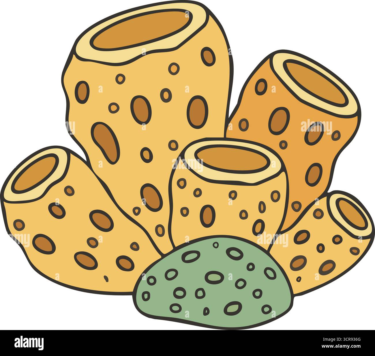 Un gruppo di spugne marine porose con tubi aperti e consistenza punteggiata che poggiano sul fondo marino Illustrazione Vettoriale