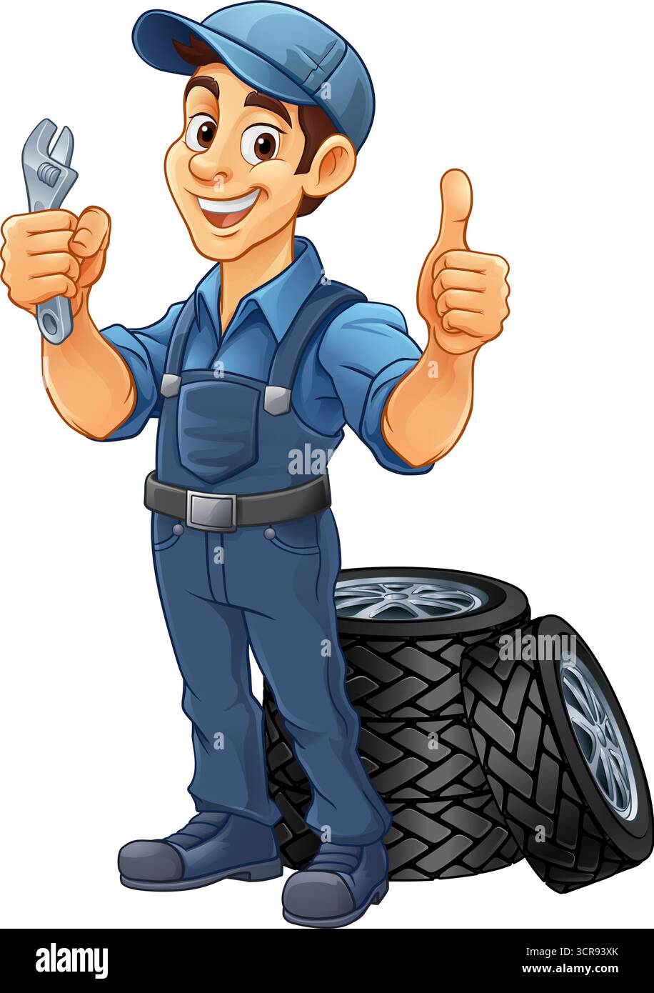 Pneumatico pneumatico meccanico per l'assistenza auto Mascotte Cartoon Man Illustrazione Vettoriale