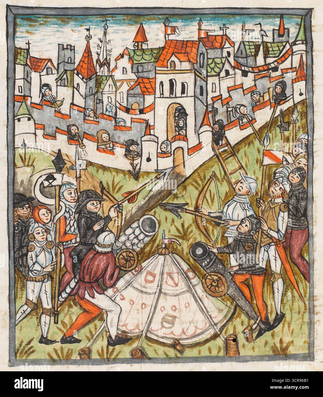 Assaltando un castello medievale, isolato dal Österreichische Chronik der 95 Herrschaften, copiato intorno al 1479 da Clemens Specker nel monastero di Königsfelden. Federico III (1415 – 1493) fu imperatore del Sacro Romano Impero dal 1452 al 1493. Foto Stock