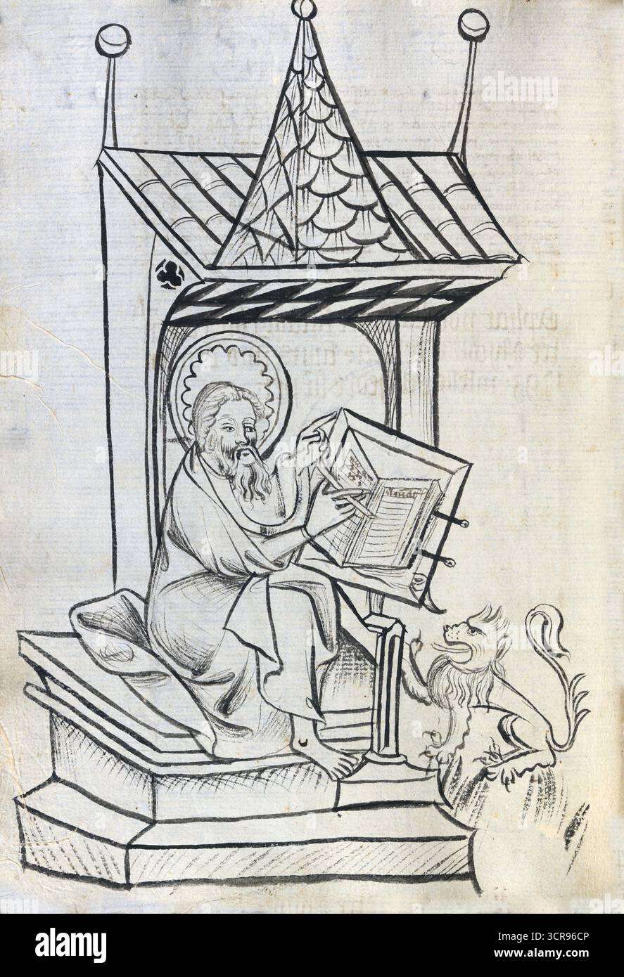 Pagina da un manoscritto con commenti sui Vangeli di Giovanni, Luca e Marco, così come su Tobias e Baruch, scritto nel 1392-1393 dal sacerdote di Friburgo Rüdiger Schopf, decorato con disegni a penna e inchiostro parzialmente colorati. Foto Stock