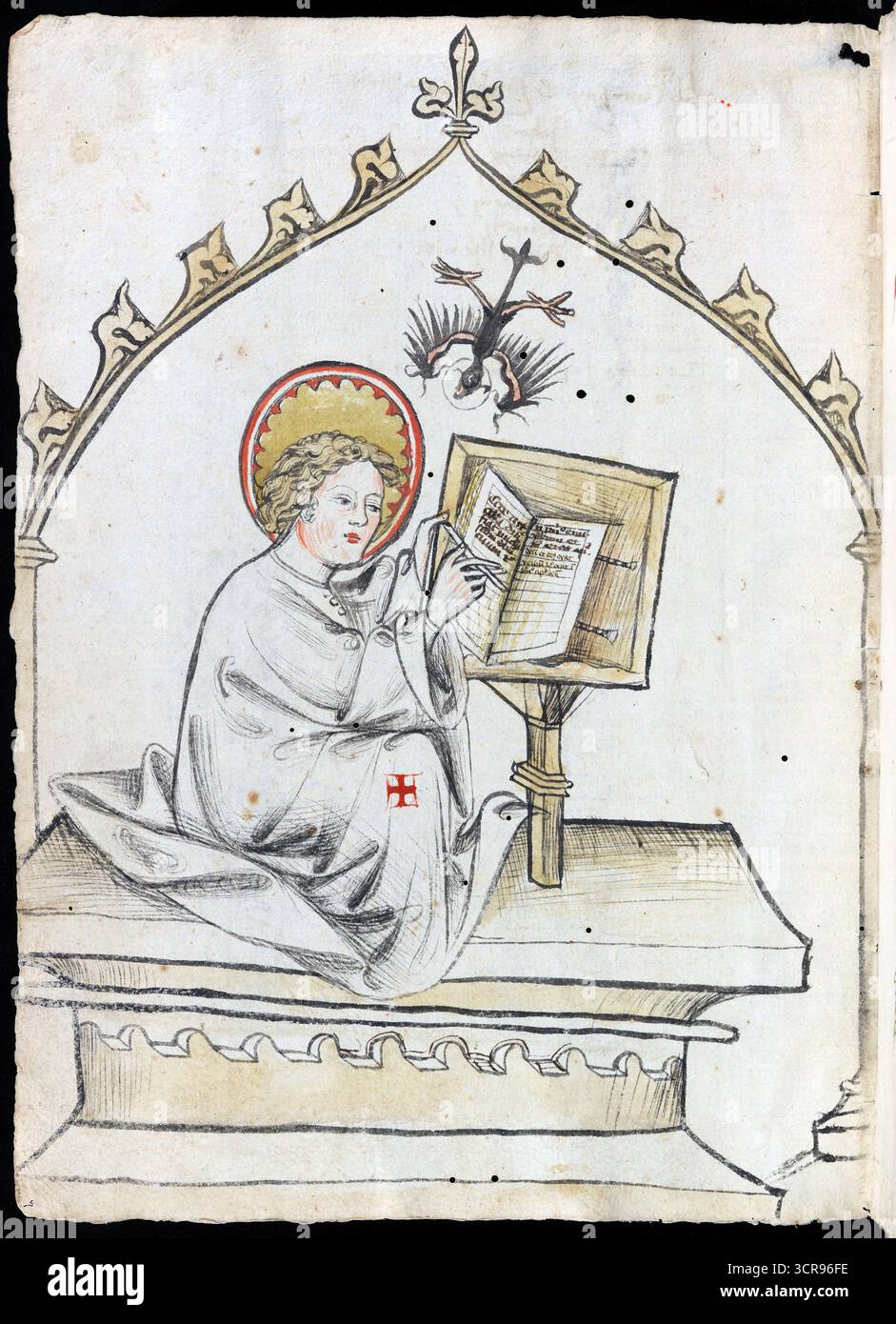 Pagina da un manoscritto con commenti sui Vangeli di Giovanni, Luca e Marco, così come su Tobias e Baruch, scritto nel 1392-1393 dal sacerdote di Friburgo Rüdiger Schopf, decorato con disegni a penna e inchiostro parzialmente colorati. Foto Stock