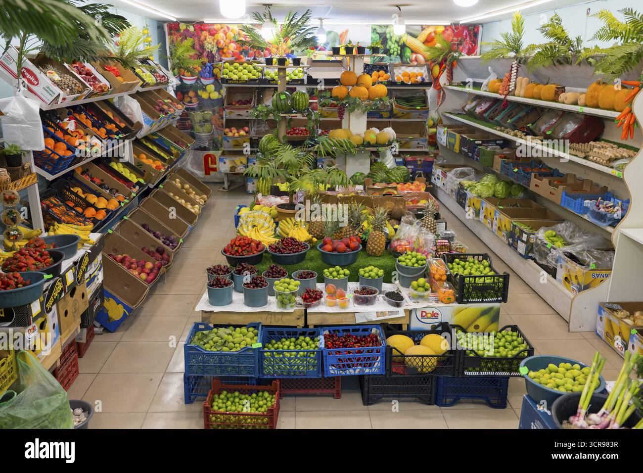 Un negozio ben rifornito, ricco di frutta e verdura colorata, esposto su scaffali e tavoli, Gyumri, Gyumri, Gyumri, provincia di Shirak, Armenia Foto Stock