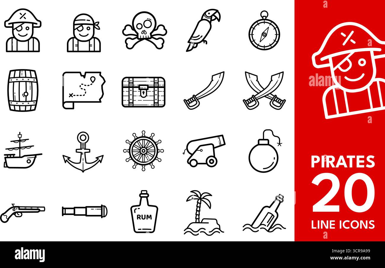 Set di icone della linea dei pirati Illustrazione Vettoriale