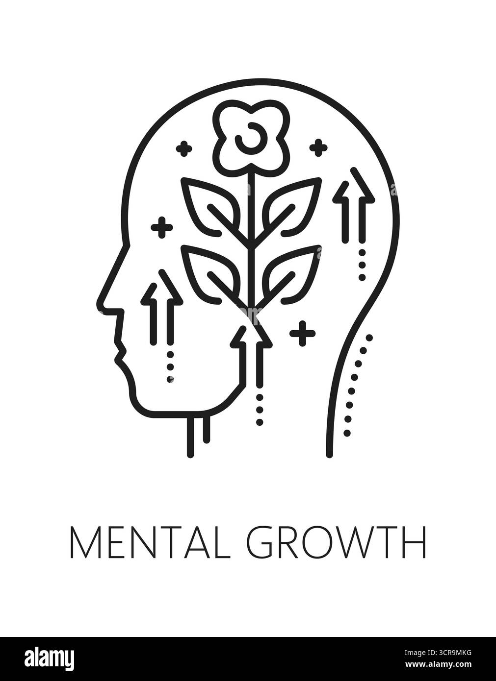 Crescita mentale salute mentale, icona o simbolo della linea psicologica. Segno del vettore di sviluppo psicologico, simbolo del problema cognitivo. Pittogramma del problema di salute mentale con la silhouette della testa e la pianta in crescita Illustrazione Vettoriale