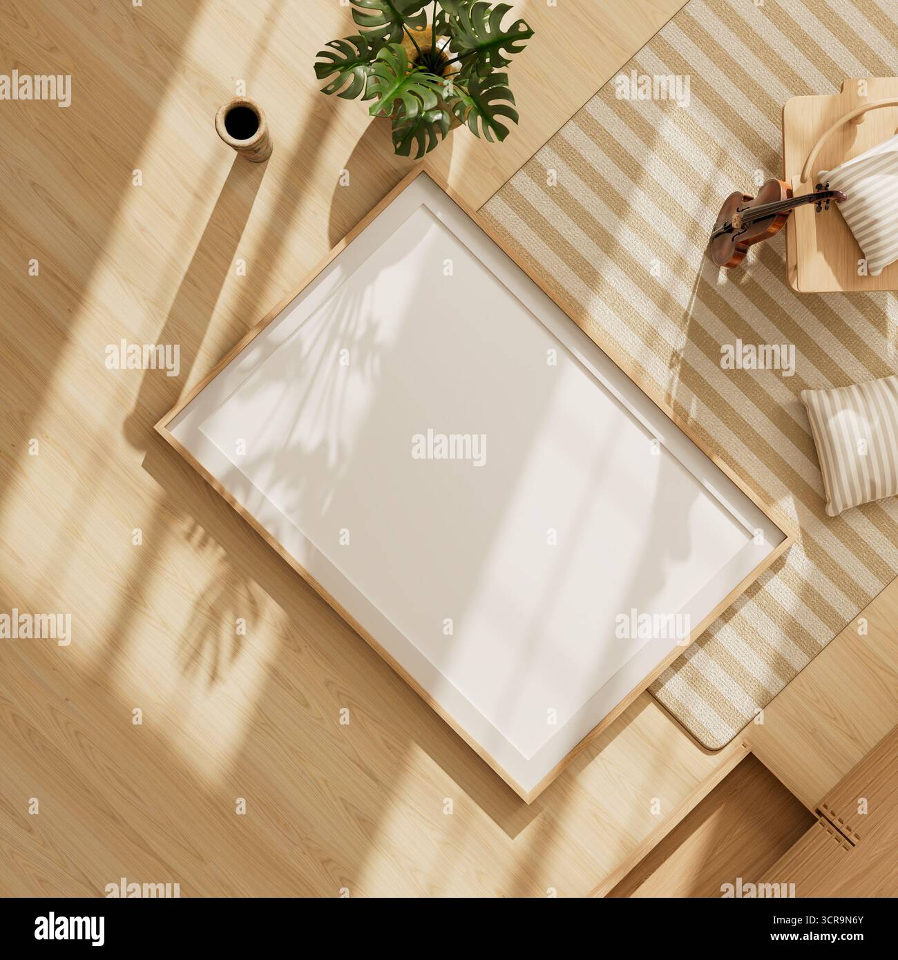 Un intimo interno scandinavo con una cornice a poster mock-up, mobili in legno, vasi in ceramica e un violino vintage che aggiungono fascino artistico. Illustrazione 3D. Foto Stock