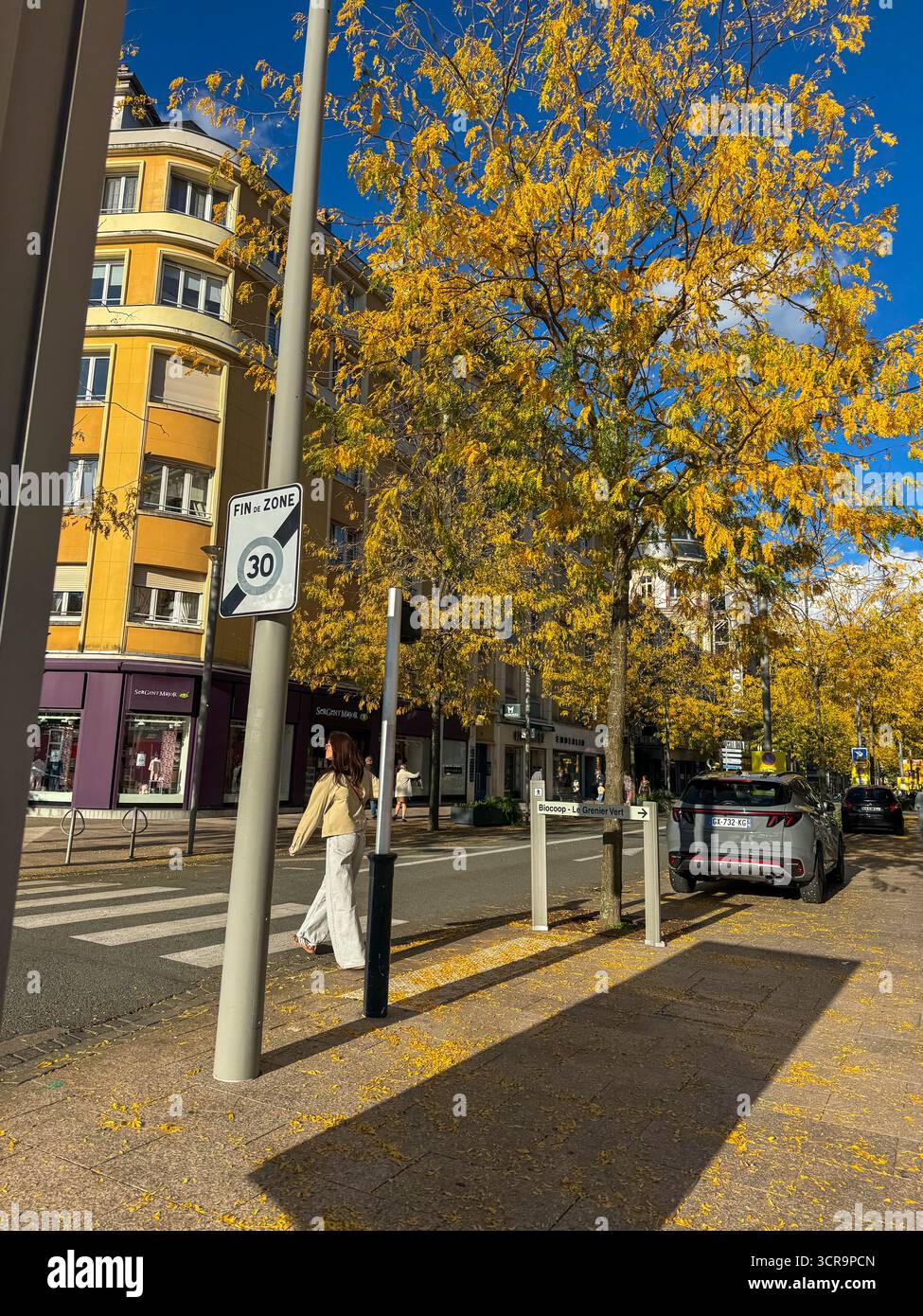 Scena urbana di strada autunnale con alberi dorati, un passaggio pedonale e un cartello "fin de zone 30" che cattura la vita stagionale della città in Francia. - Immagine stock catturata con smartphone