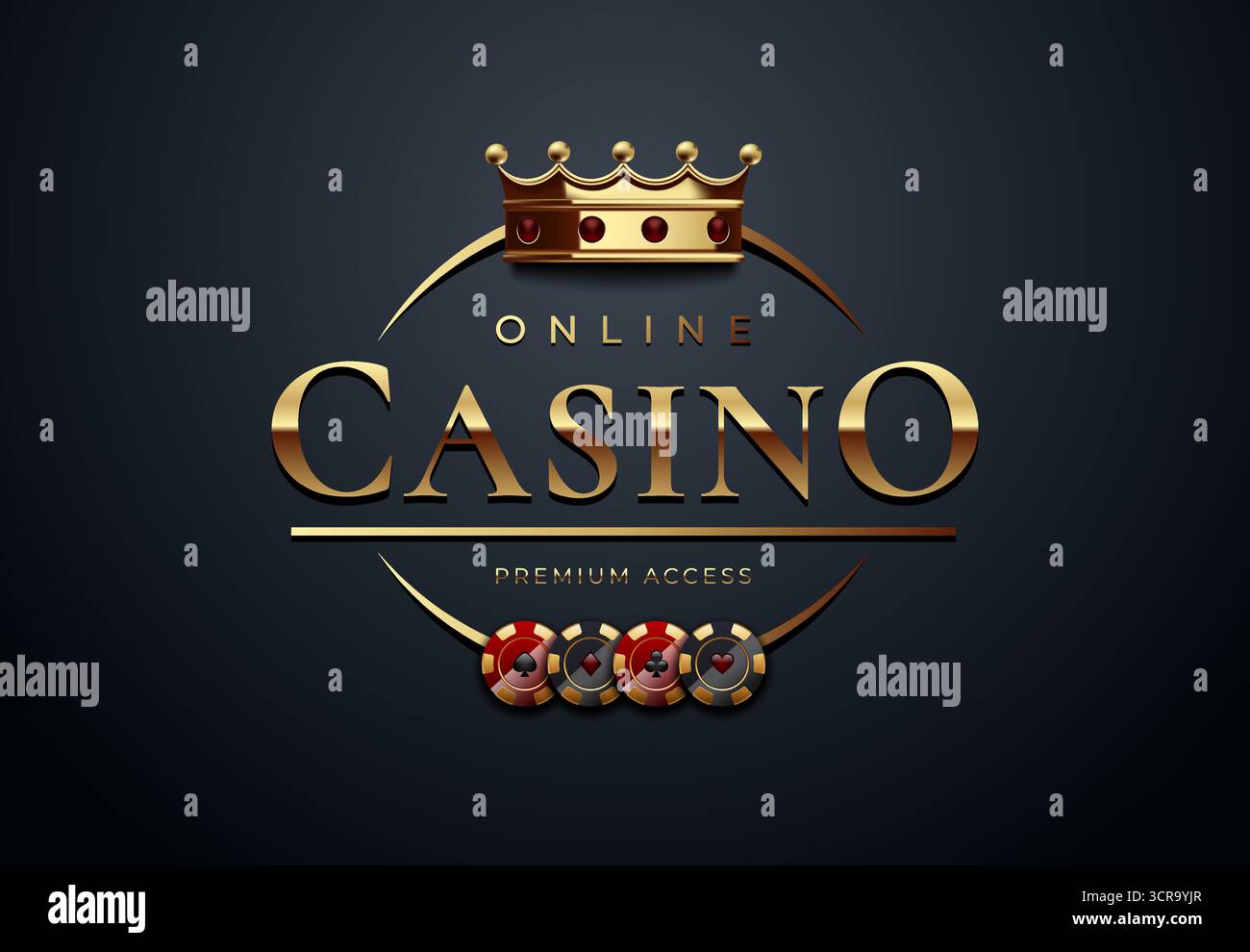 Logo del casinò online di lusso con corona dorata e chip da poker su sfondo grigio scuro. Ideale per siti di gioco d'azzardo, branding di casinò e premium Illustrazione Vettoriale